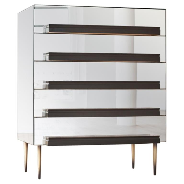 Contemporary Mirrored Dresser with Grey and Silver Molding Handles by