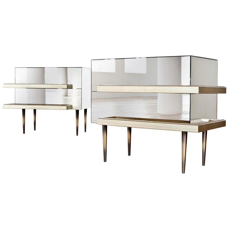 Contemporary Mirrored Nightstands with Champagne Moldings Handles by