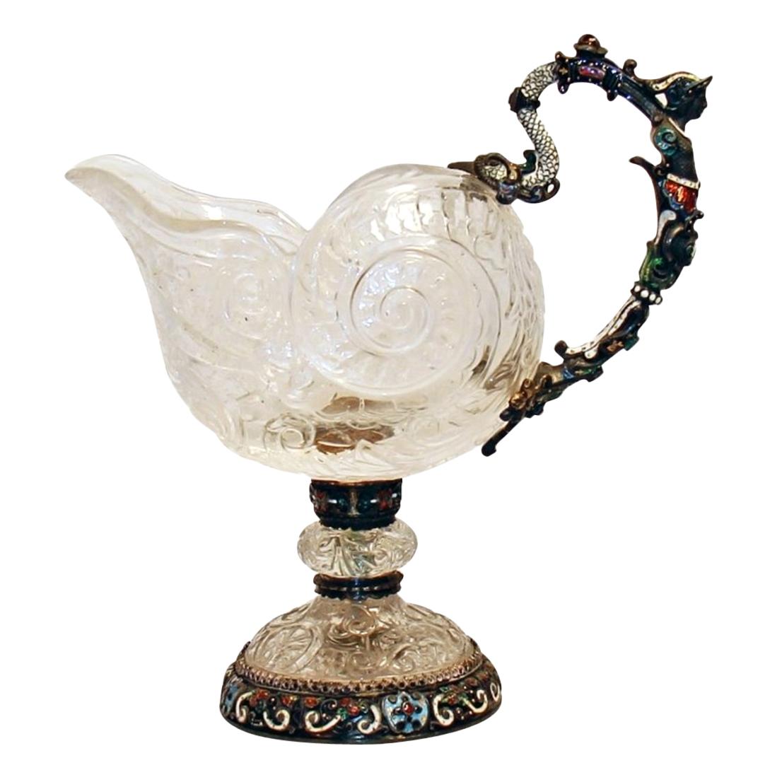 Viennese Renaissance Style Enameled Silver and Rock Crystal Shell-Form Ewer