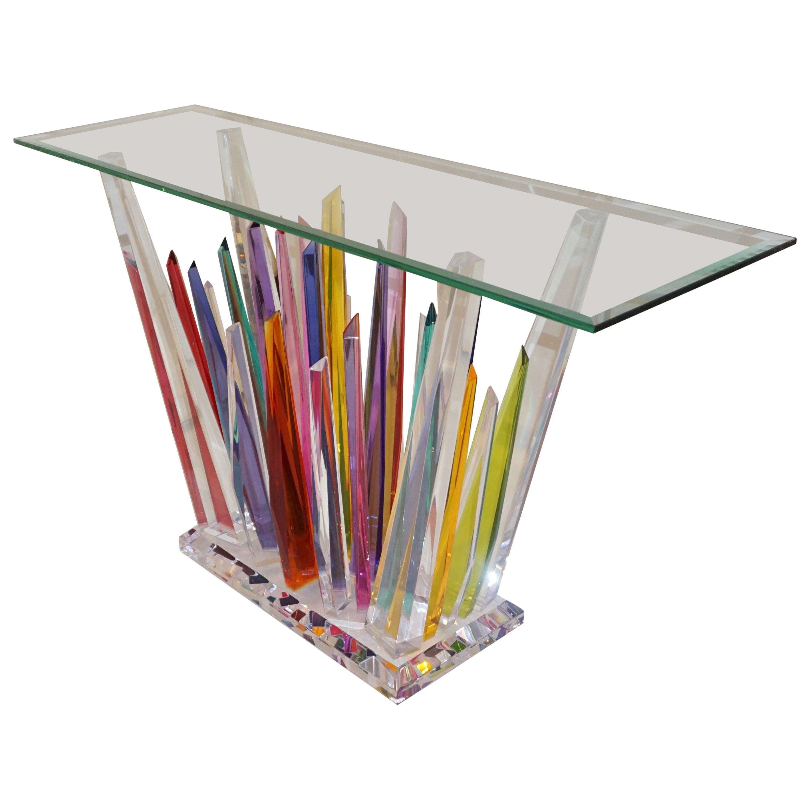 Rock Acrylic Multicolor Console of Abstract Design with Clear Bevelled Glass Top
