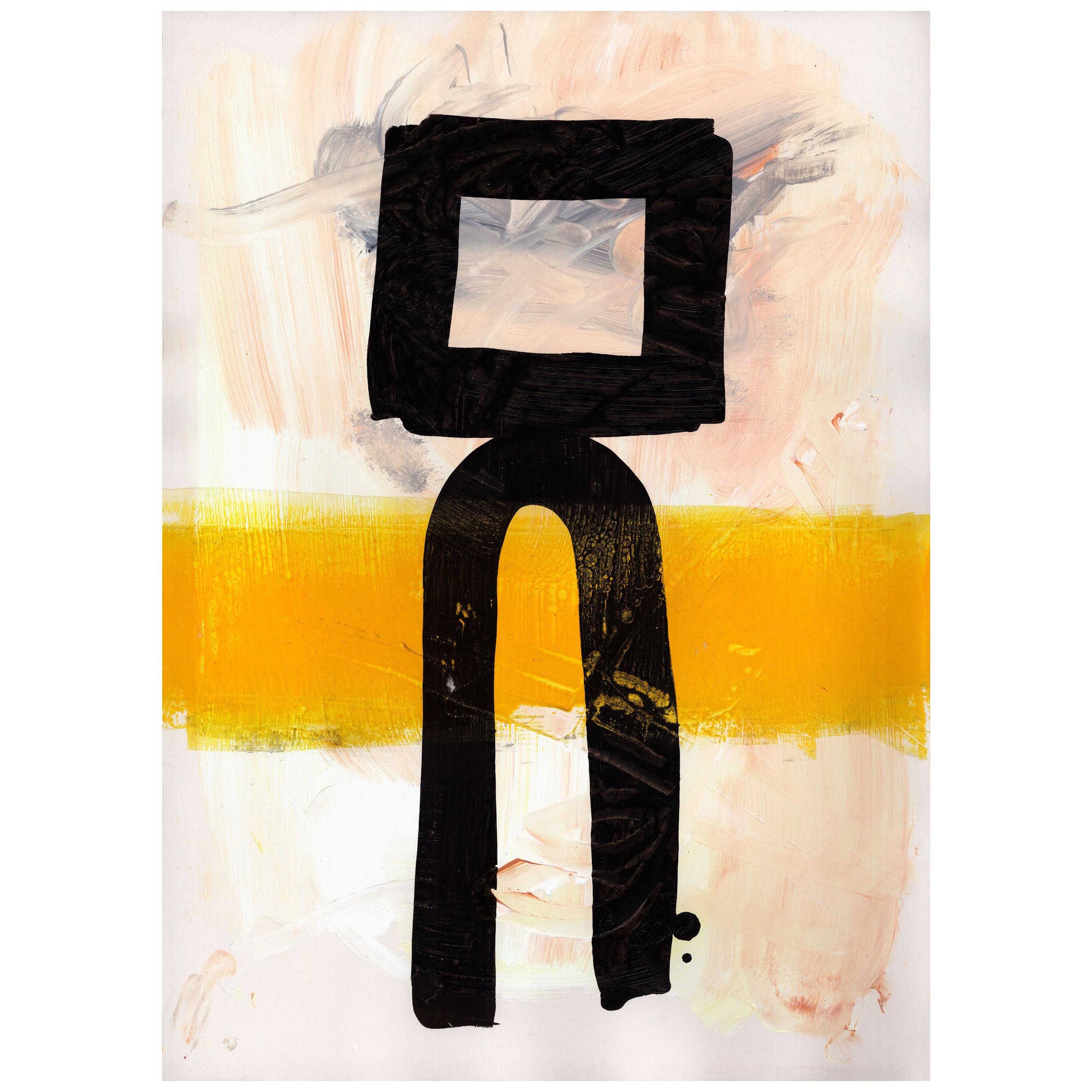 Peinture d'art abstrait contemporain - Formes de monuments noirs et jaunes en vente