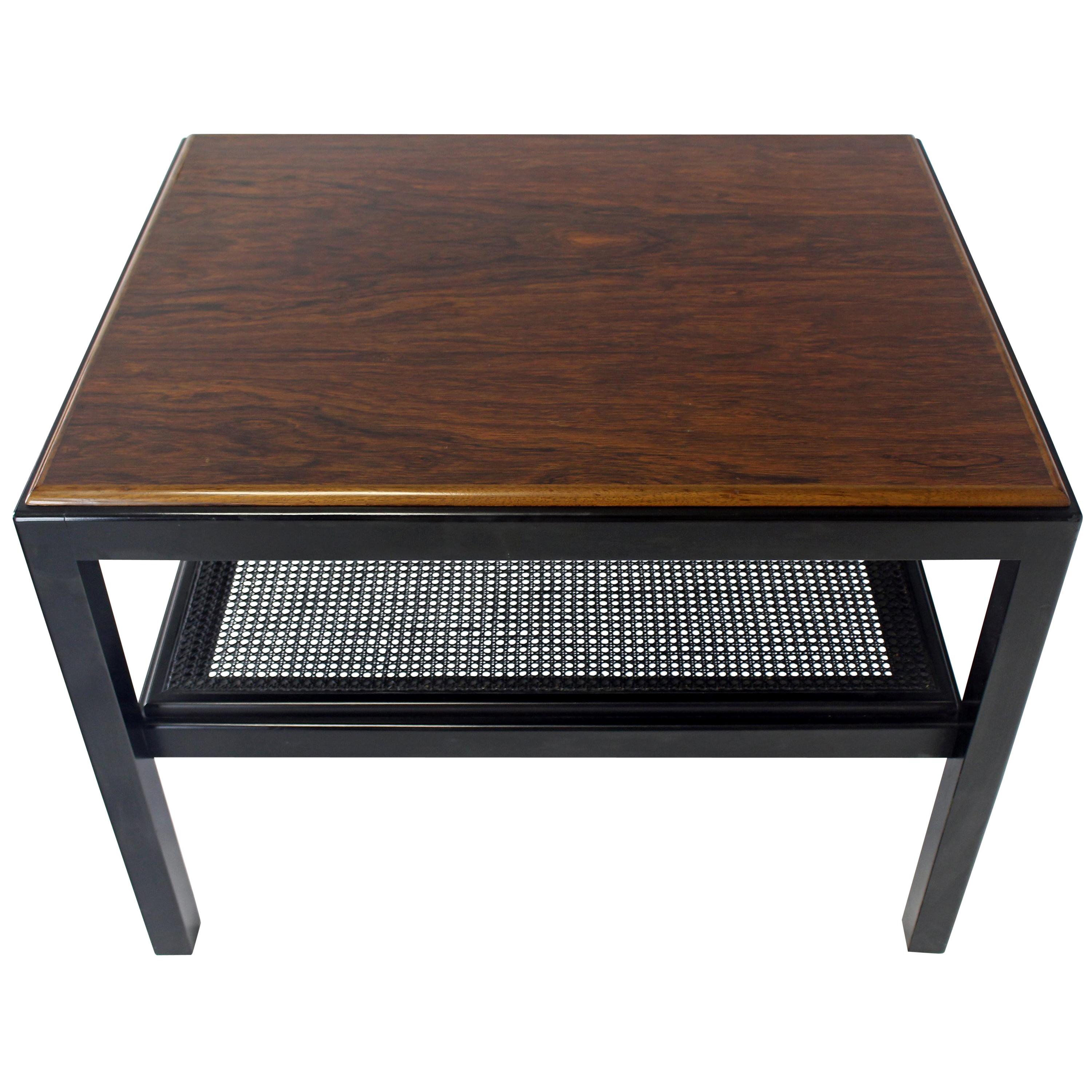 Rosewood Top Black Lacquer Base with Cane Shelf Side Coffee Table