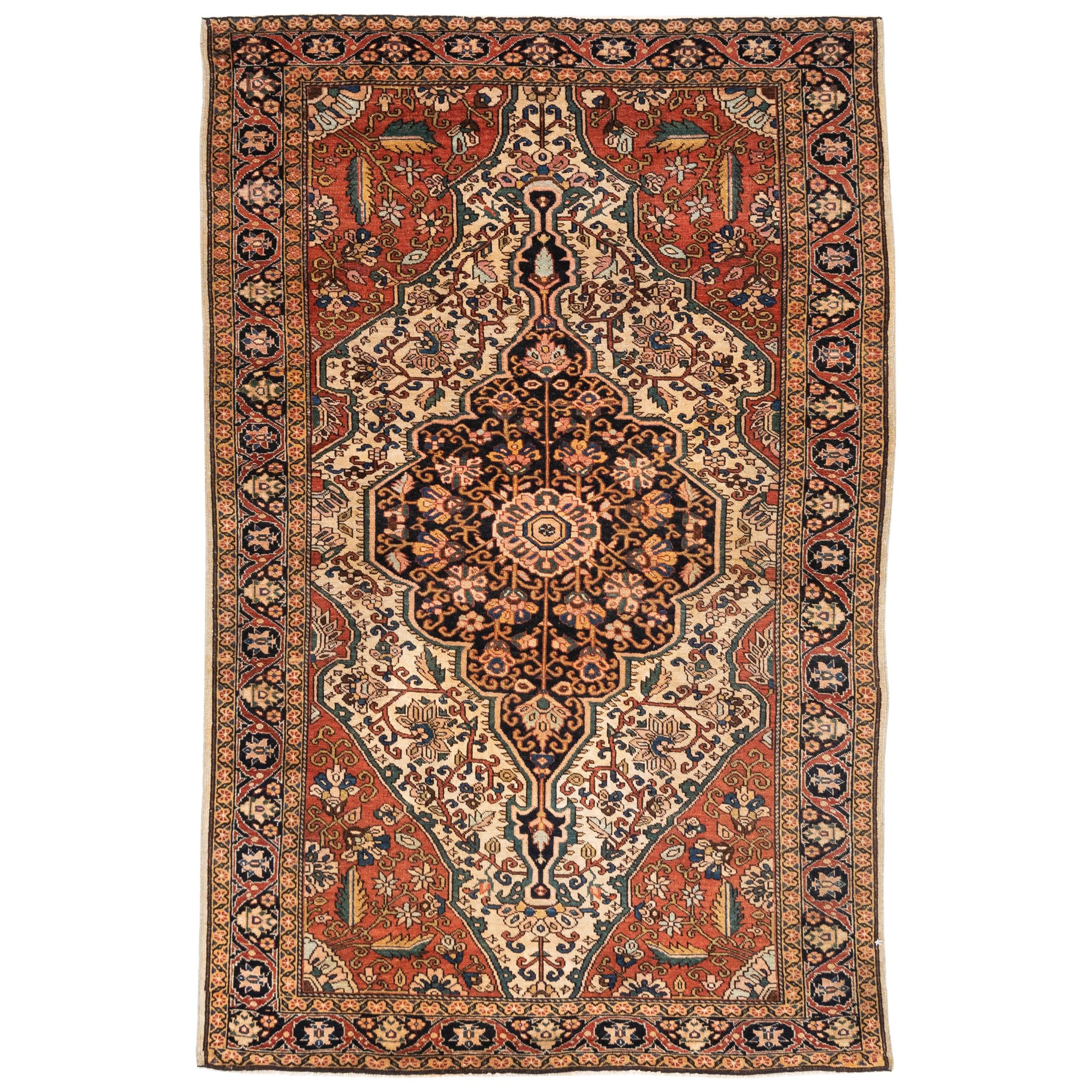 Antique Persian Farahan Rug with Ivory, Rust and Navy For Sale