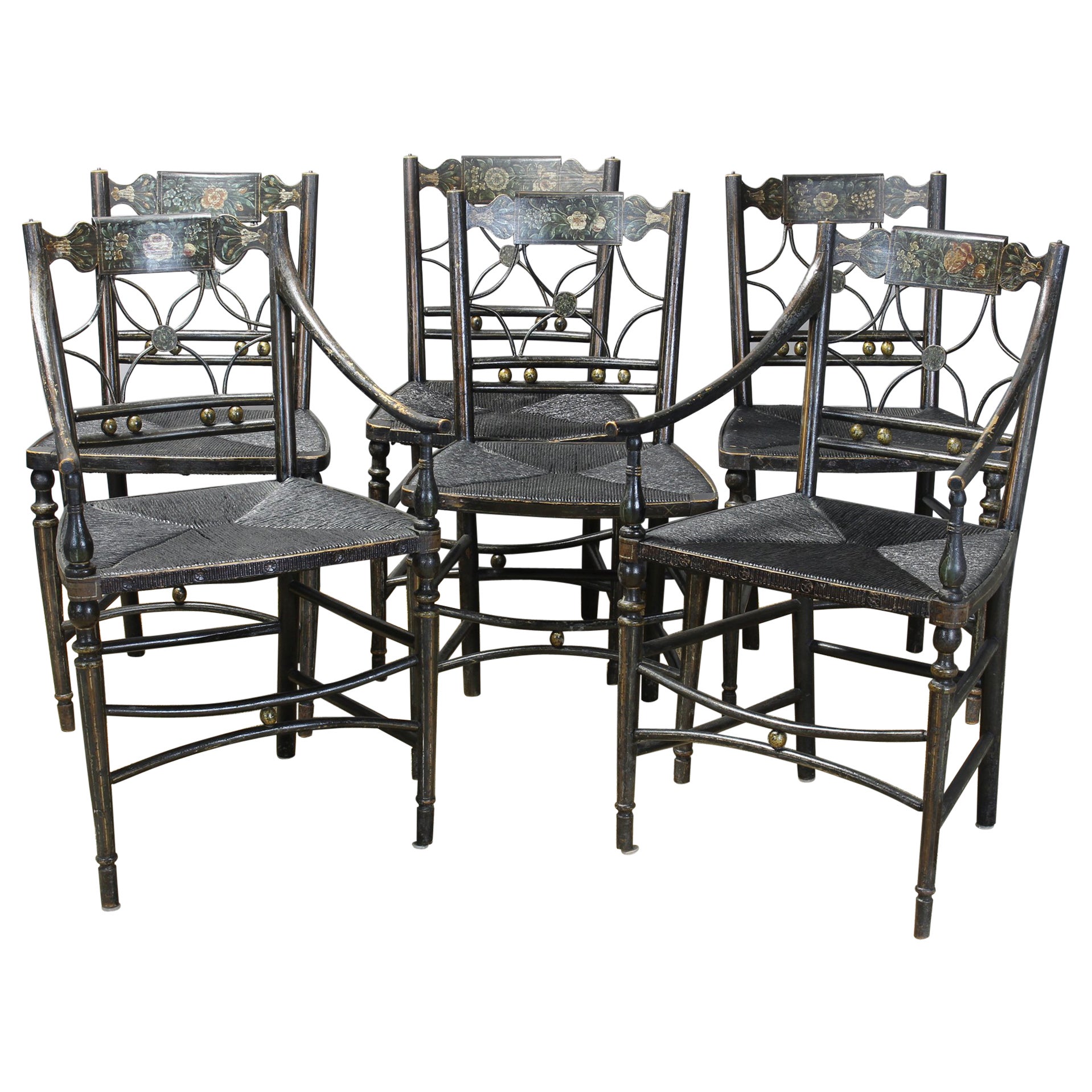 American Sheraton Set of 11 "Fancy" Painted Dining Chairs, New York For