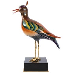 Bird Porcelain Enamelled on Pates in Gilt Bronze, Artwork Signed Magoni, 1980