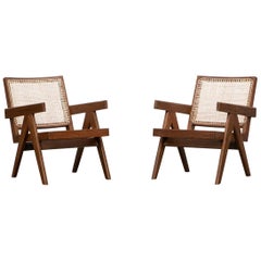 1950s Brown Wooden Teak and Cane Lounge Chairs by Pierre Jeanneret 'f'