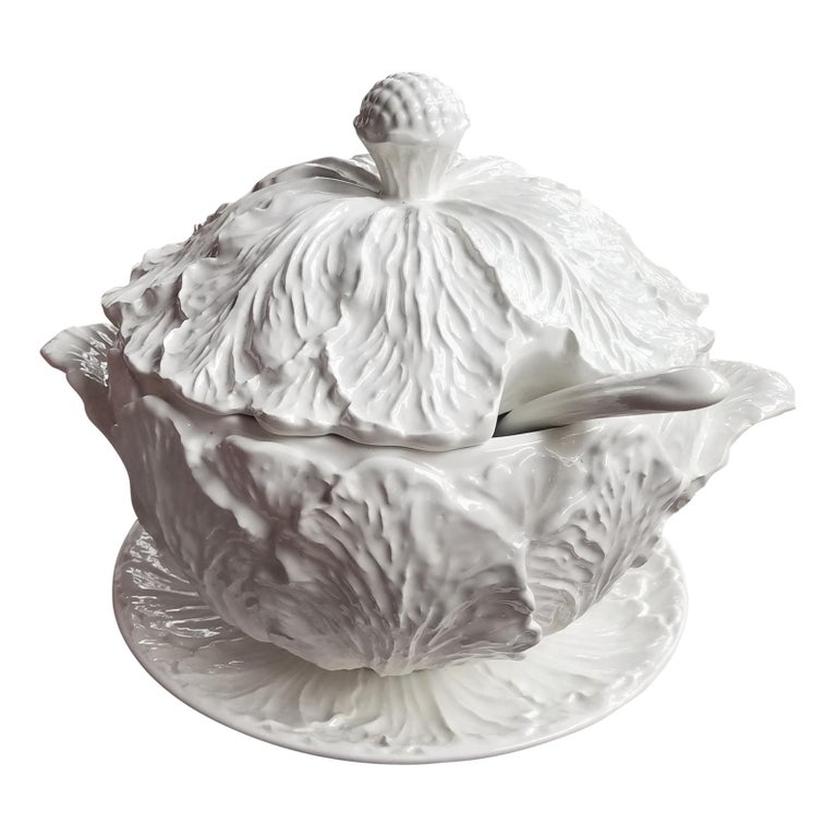 1950s Blanc de Chine Pottery Cabbage Leaf Soup Tureen with Ladle and