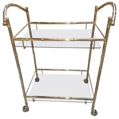1960s Midcentury Chrome Faux Bamboo Bar Cart with Smoked Glass Shelves