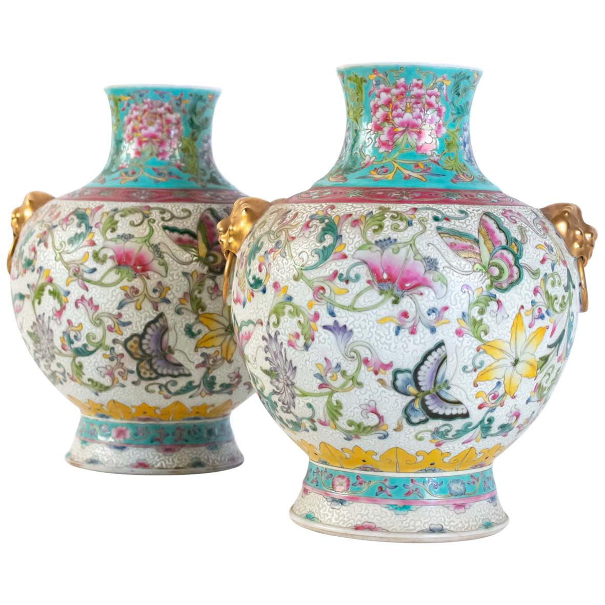 Pair of Enamelled Porcelain Vases, China, Works of Art, Decor Butterflies