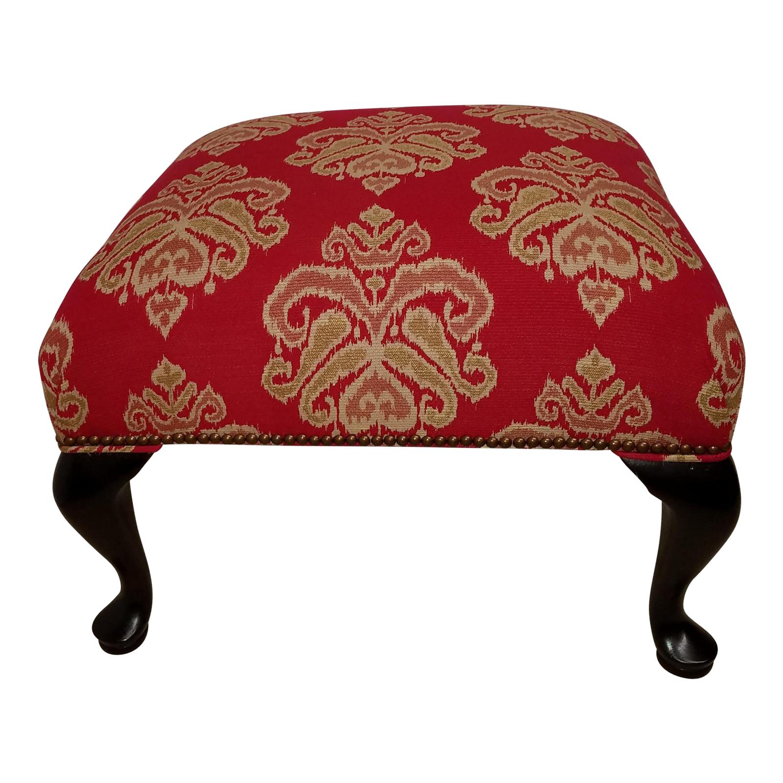 Red Ikat Upholstered Vintage Square Ottoman
