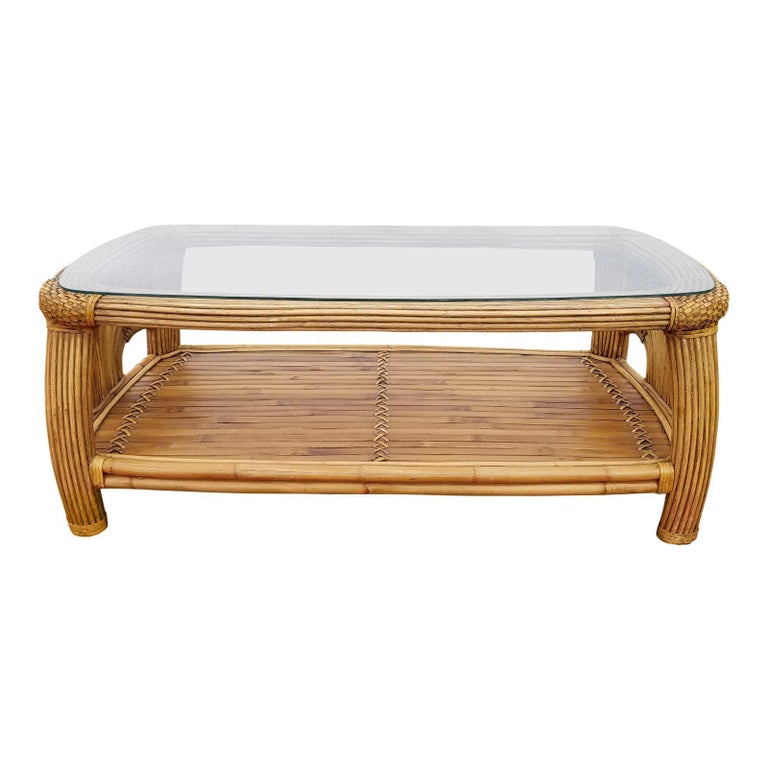Midcentury Pencil Reed and Rattan Bamboo Glass Top Coffee Table For