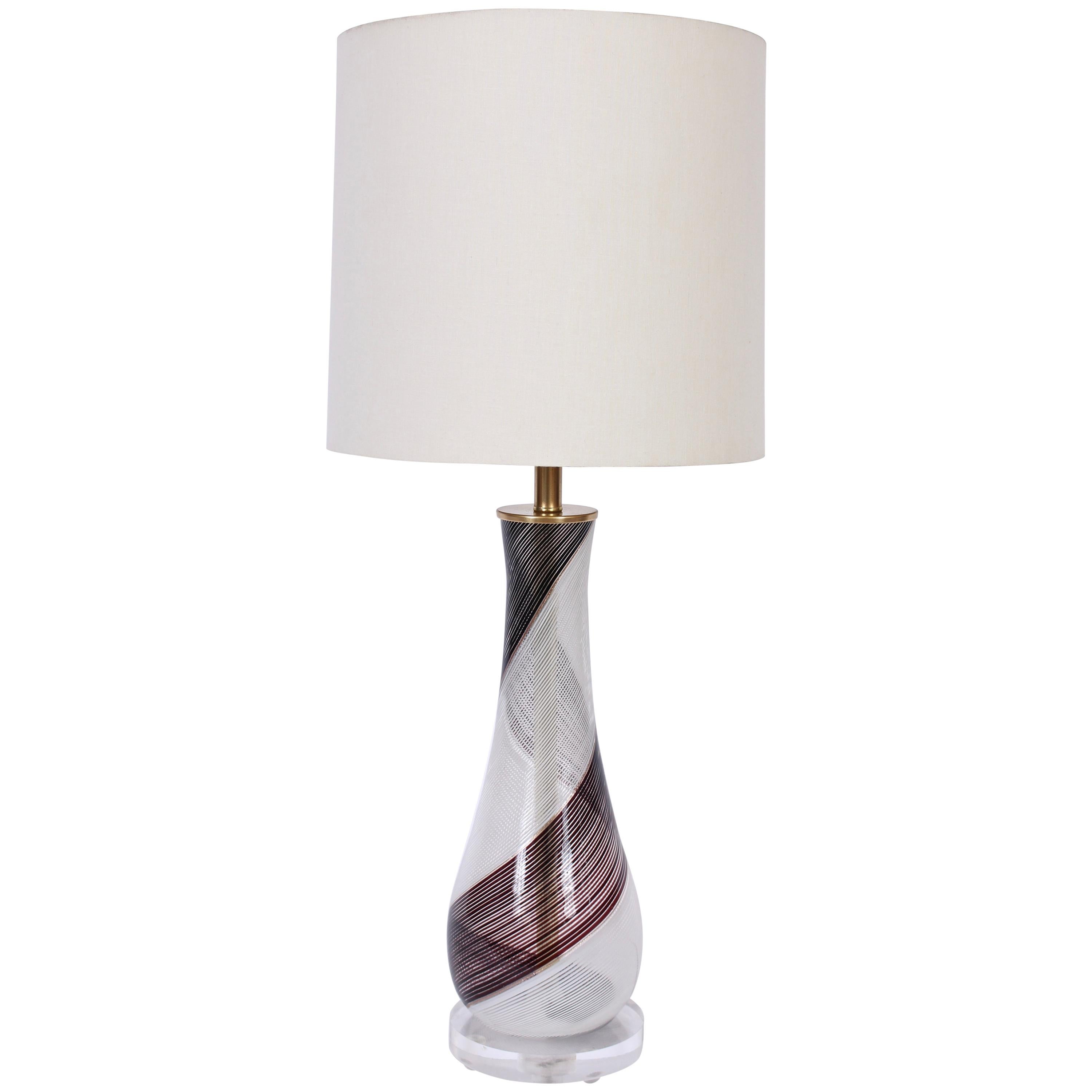 Dino Martens Mezza Filigrana Murano Glass Table Lamp in Black, White & Copper  For Sale