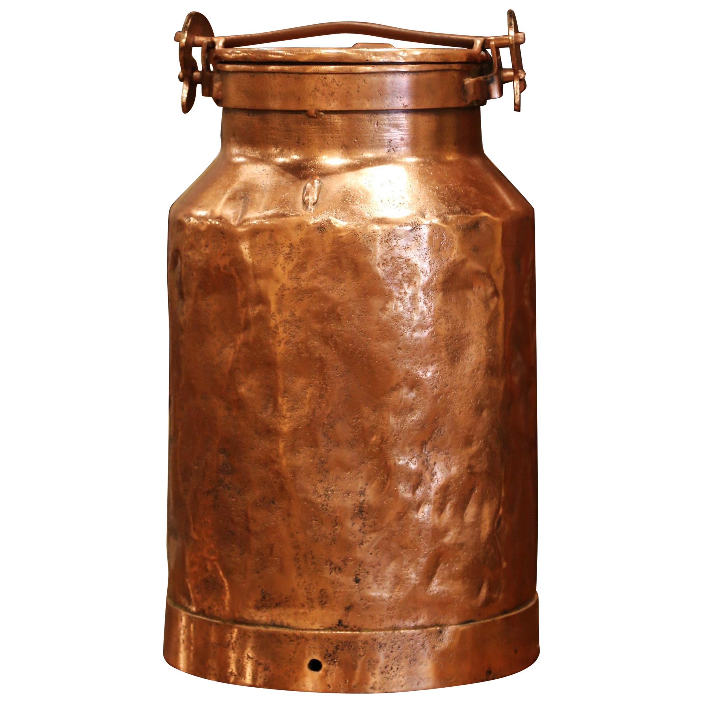 19th Century French Patinated Copper Milk Container with Handle and Lid