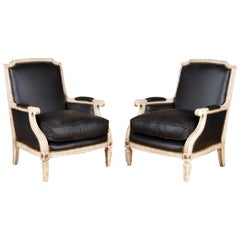 Pair Painted and Parcel Gilt Maison Jansen Black Leather Arm or Bergere Chairs