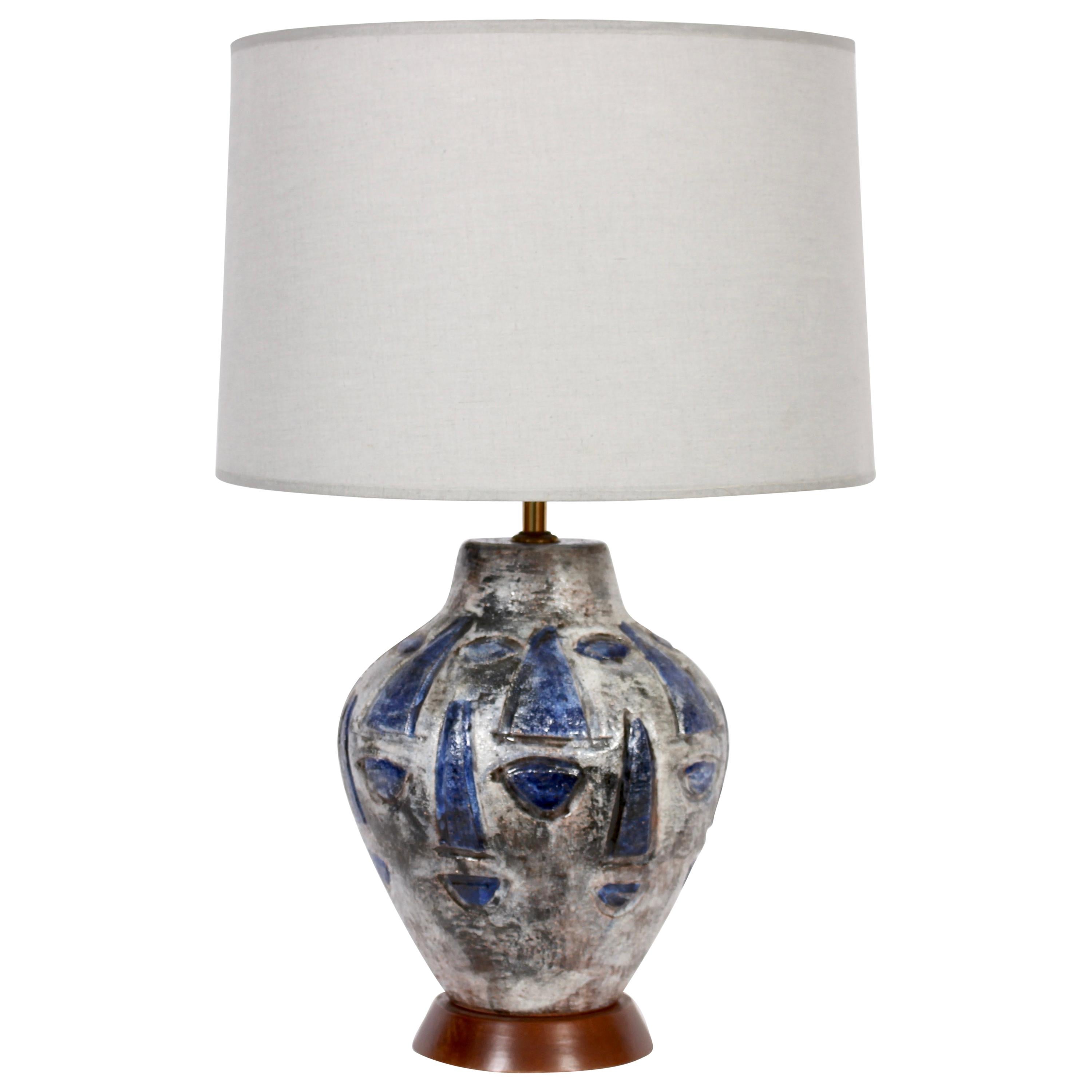 Signed Hand Painted Swiss Art Pottery Lamp in Blue and Gray