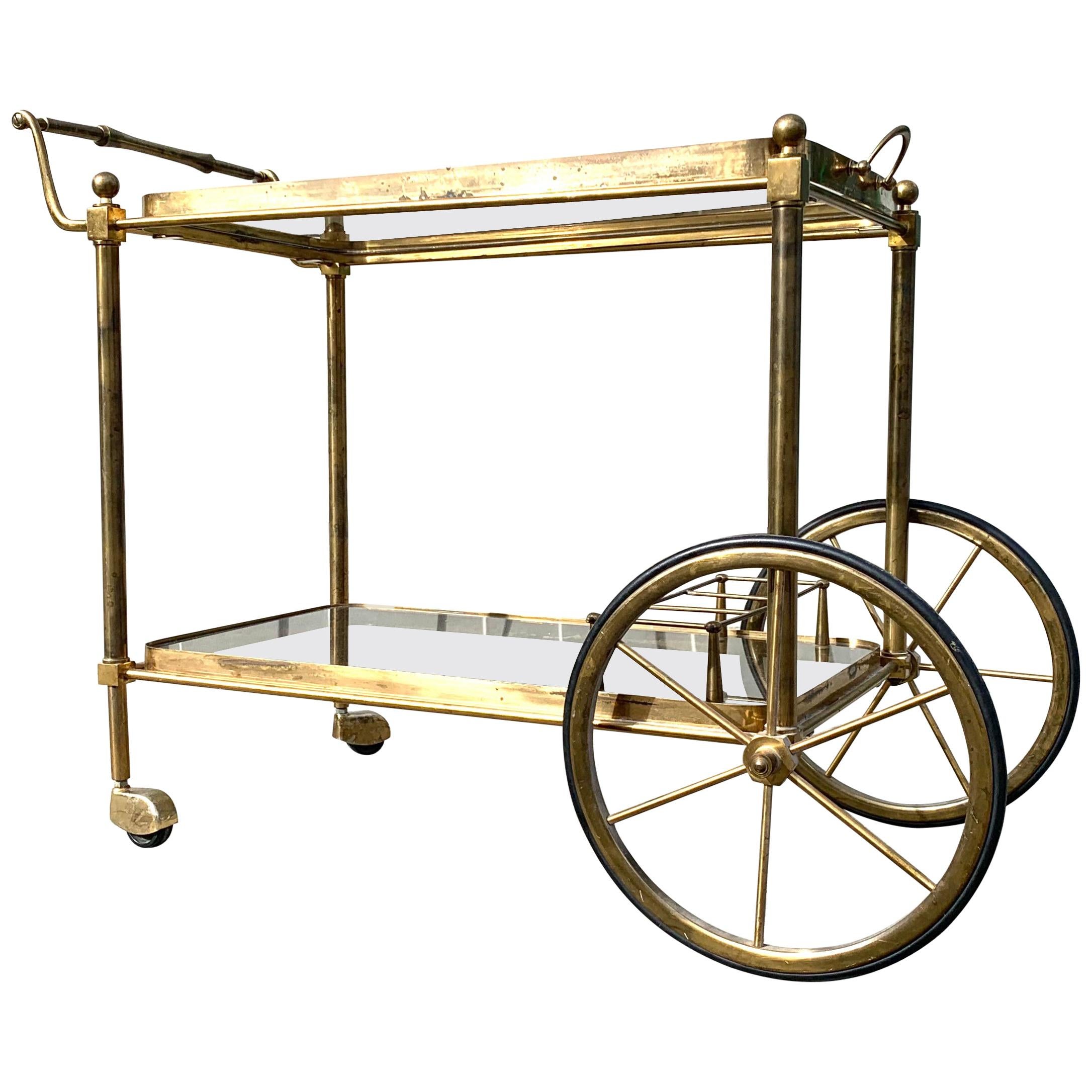Brass Glass Bar Cart Serving Table Trolley Maison Baguès Jansen, French, 1950s