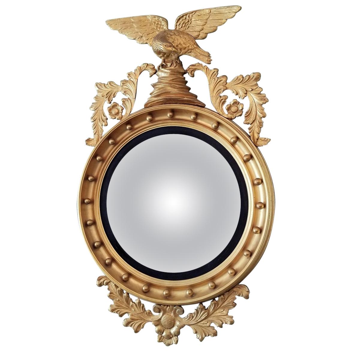 Early 19th Century Federal Eagle Wood and Gesso Gilded Convex Mirror