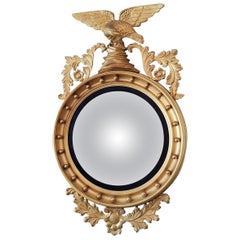 Antique Early 19th Century Federal Eagle Wood and Gesso Gilded Convex Mirror