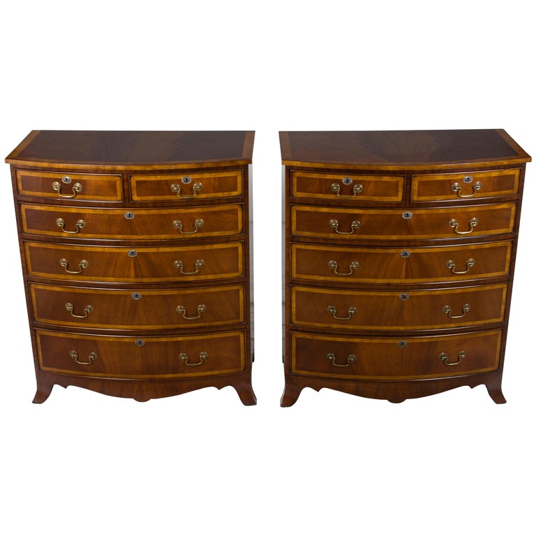 Pair of Large Tall Bow Front Bedroom Chest of Drawers Dressers For Sale
