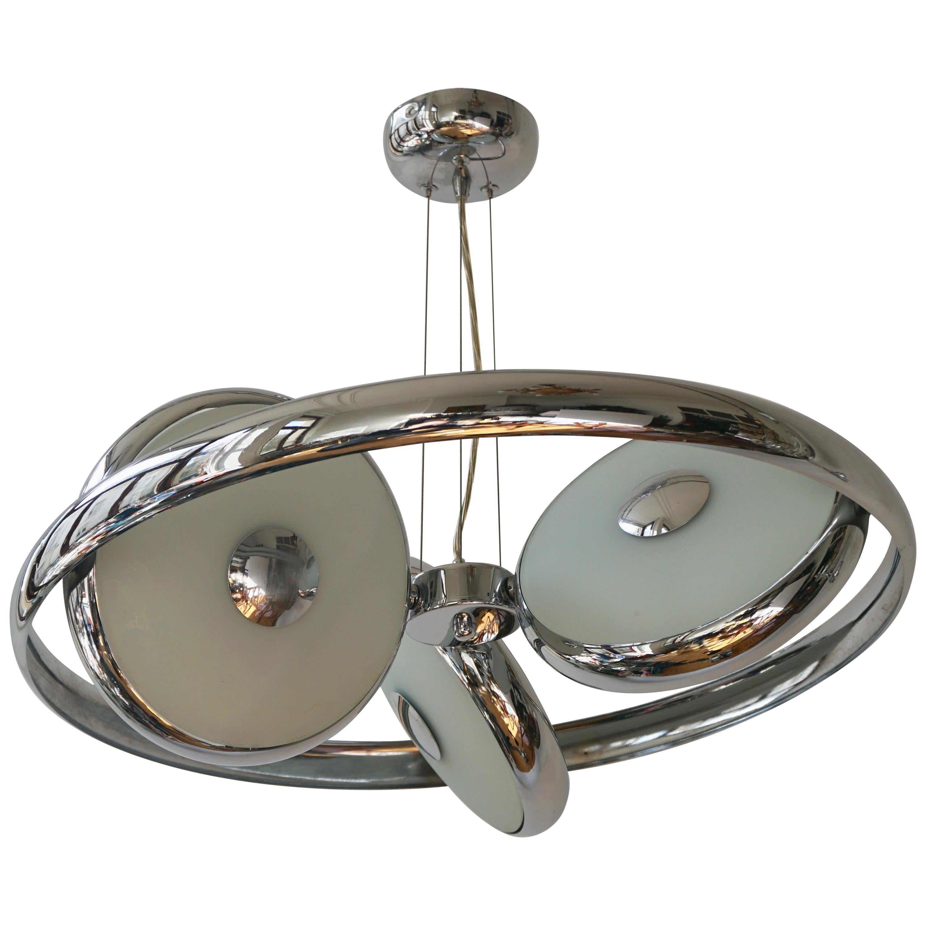 One off Three Adjustable Italian Glass and Chrome Ufo Chandeliers For Sale