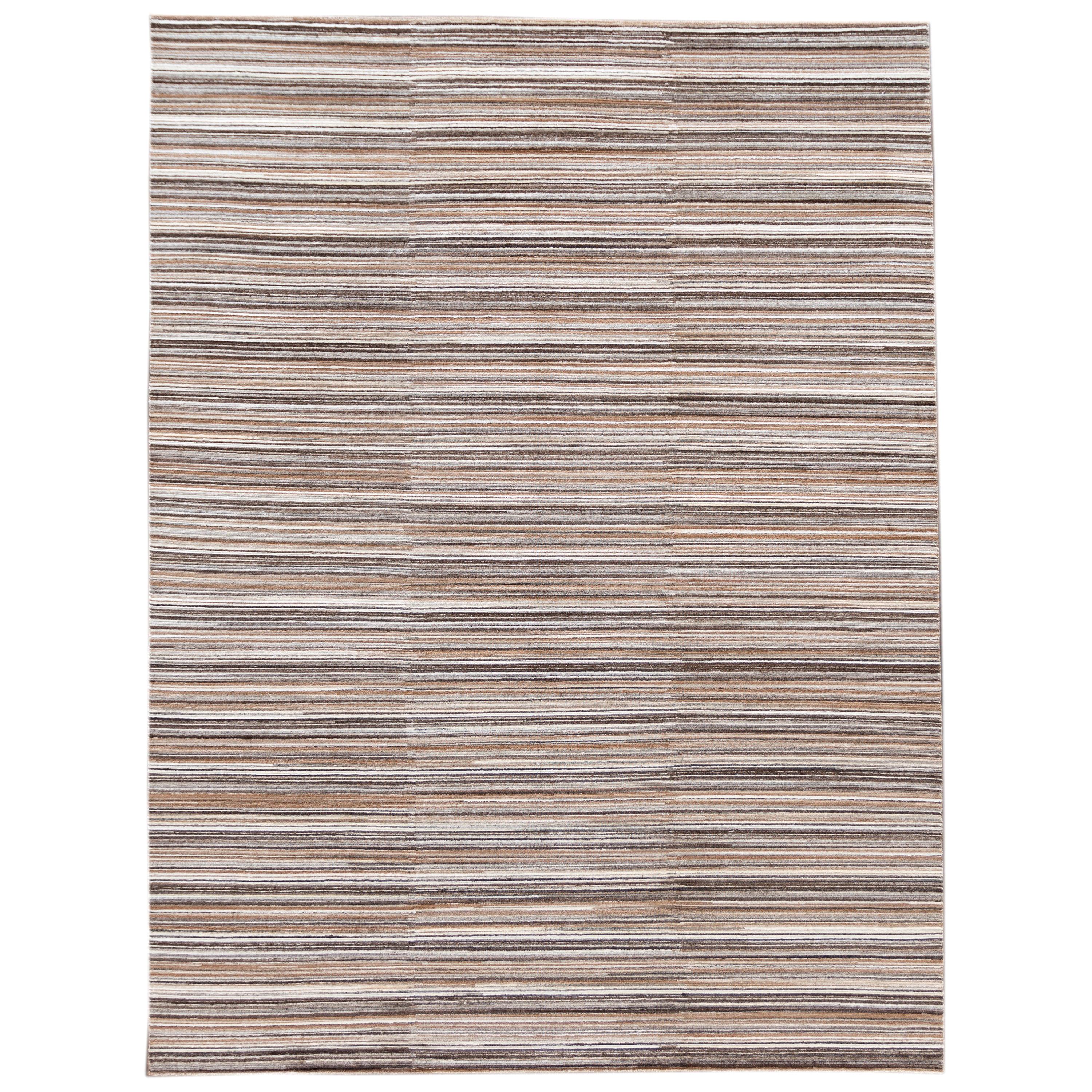 Contemporary Brown Striped Wool and Silk Area Rug