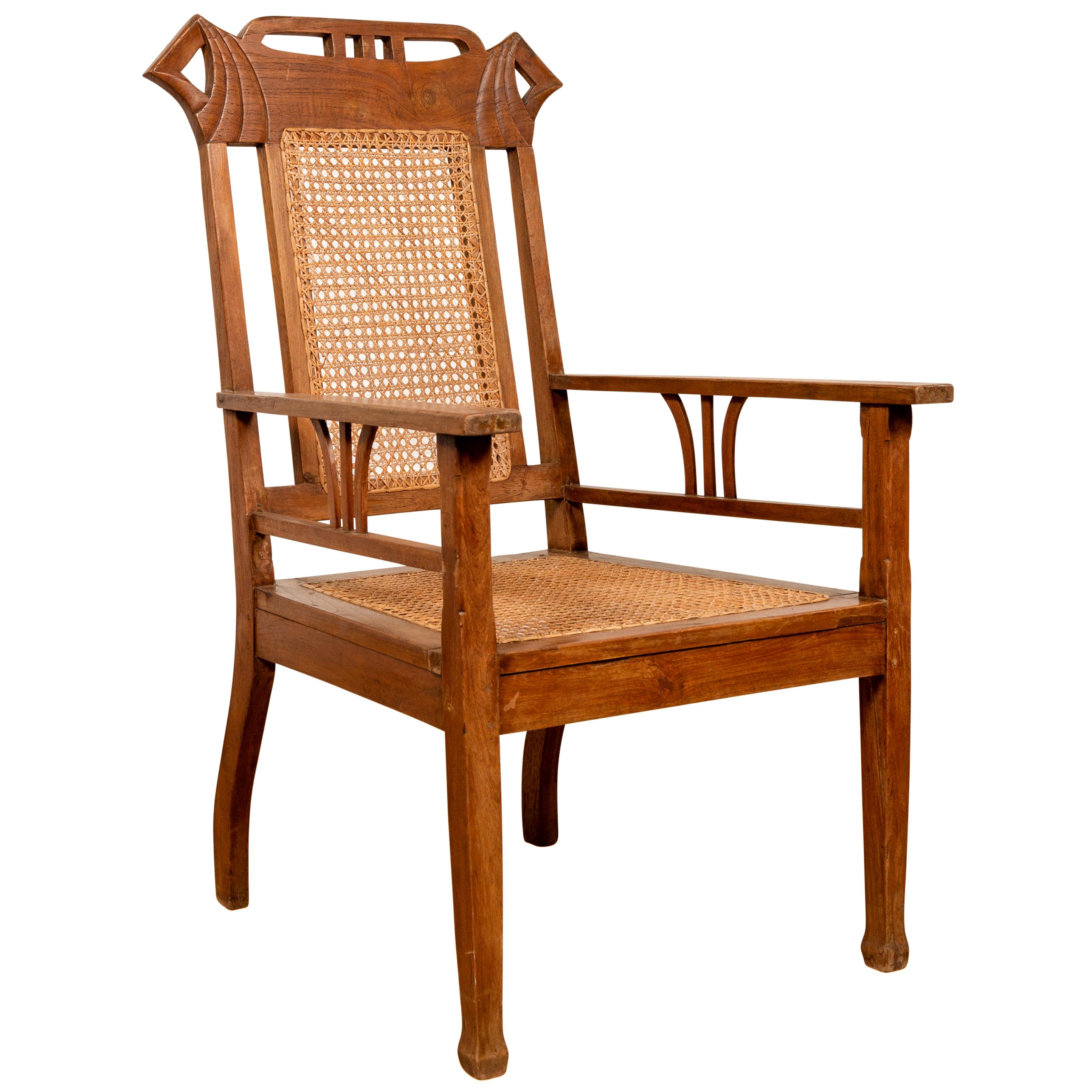 Vintage Indonesian Teak Wood Dutch Colonial Armchair with Rattan Seat and Back