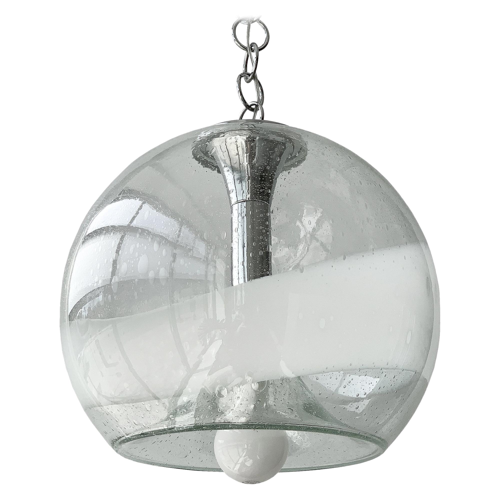 Mazzega White Stripe Murano Glass Globe Pendant Chandelier