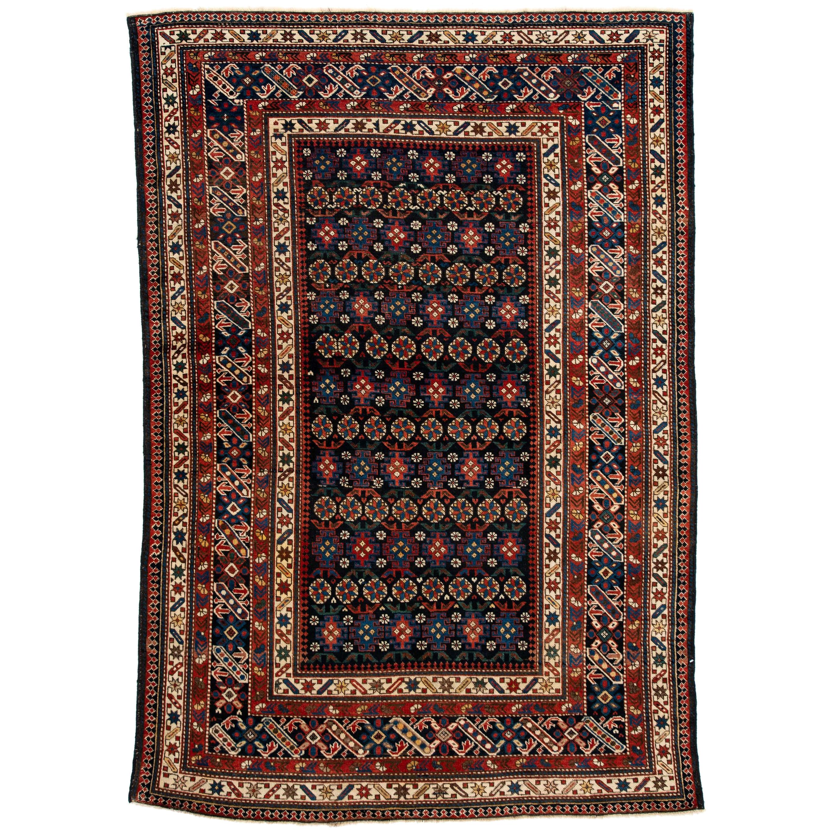 Antique Caucasian Chi-Chi Kuba Decorative Rug in Navy, Coral, Green and Yellow