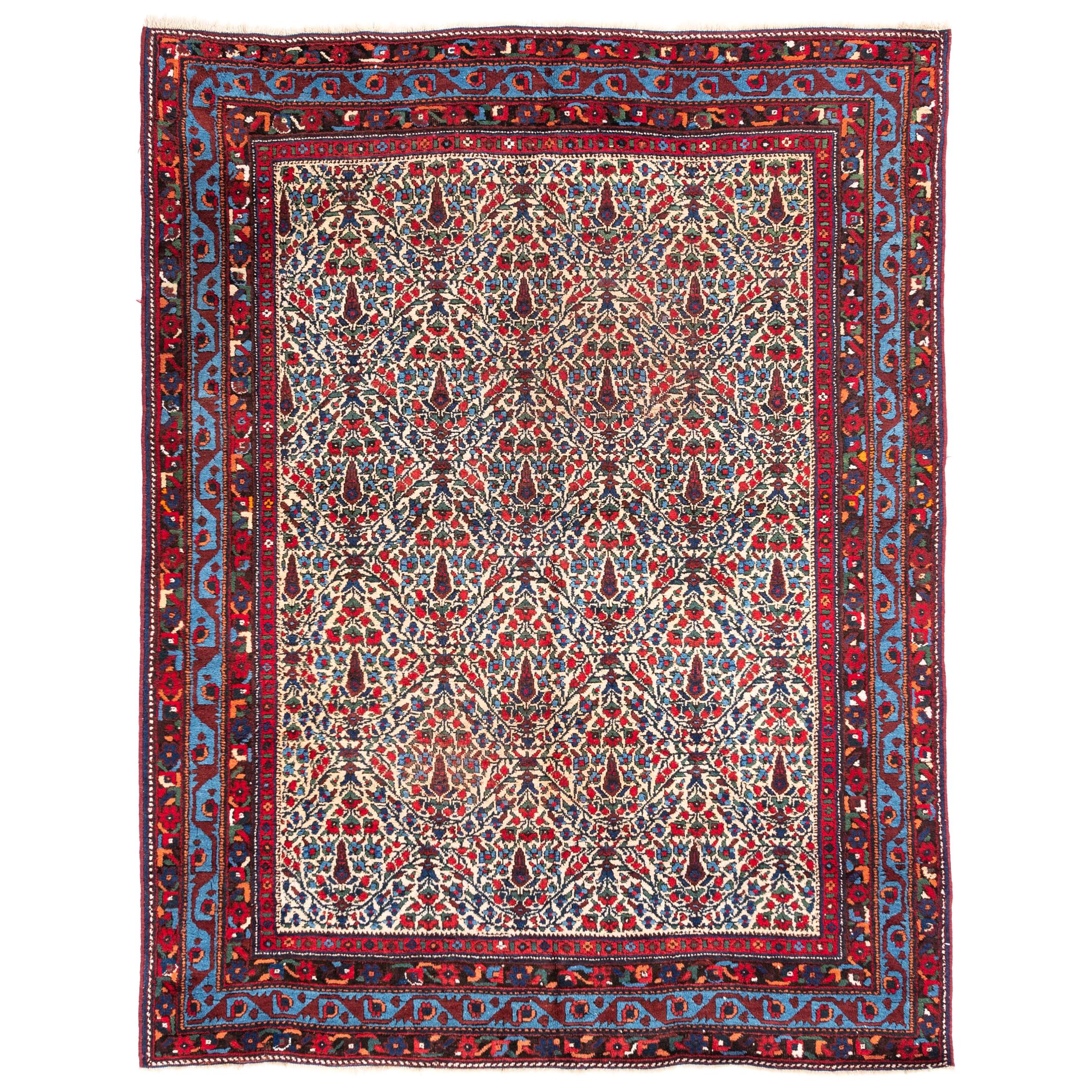 Antique Persian Afshar Hand-Knotted Floral Design Rug in Red and Blue Wool For Sale