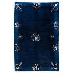 Antique Peking Navy Blue Wool Rug with Vase and Floral Design