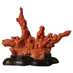 Exceptionnel lot de figurines chinoises en corail sculpté représentant un bateau avec huit immortels
