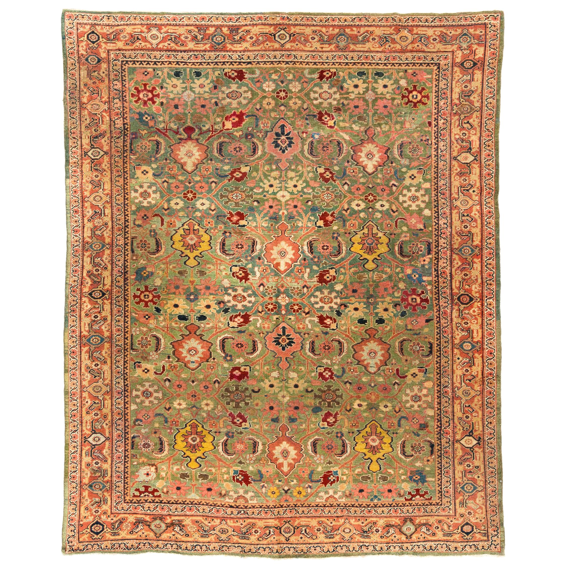 Antique Persian Sultanabad Rug  in Soft Green with Herati Motif Design