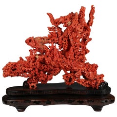 Exceptional Large Chinese Carved Coral Figural Group of a Pine Tree & Scholars