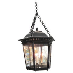 Large Hanging Hexagonal Painted Iron Ceiling Lantern Pendant Light Antique, LA