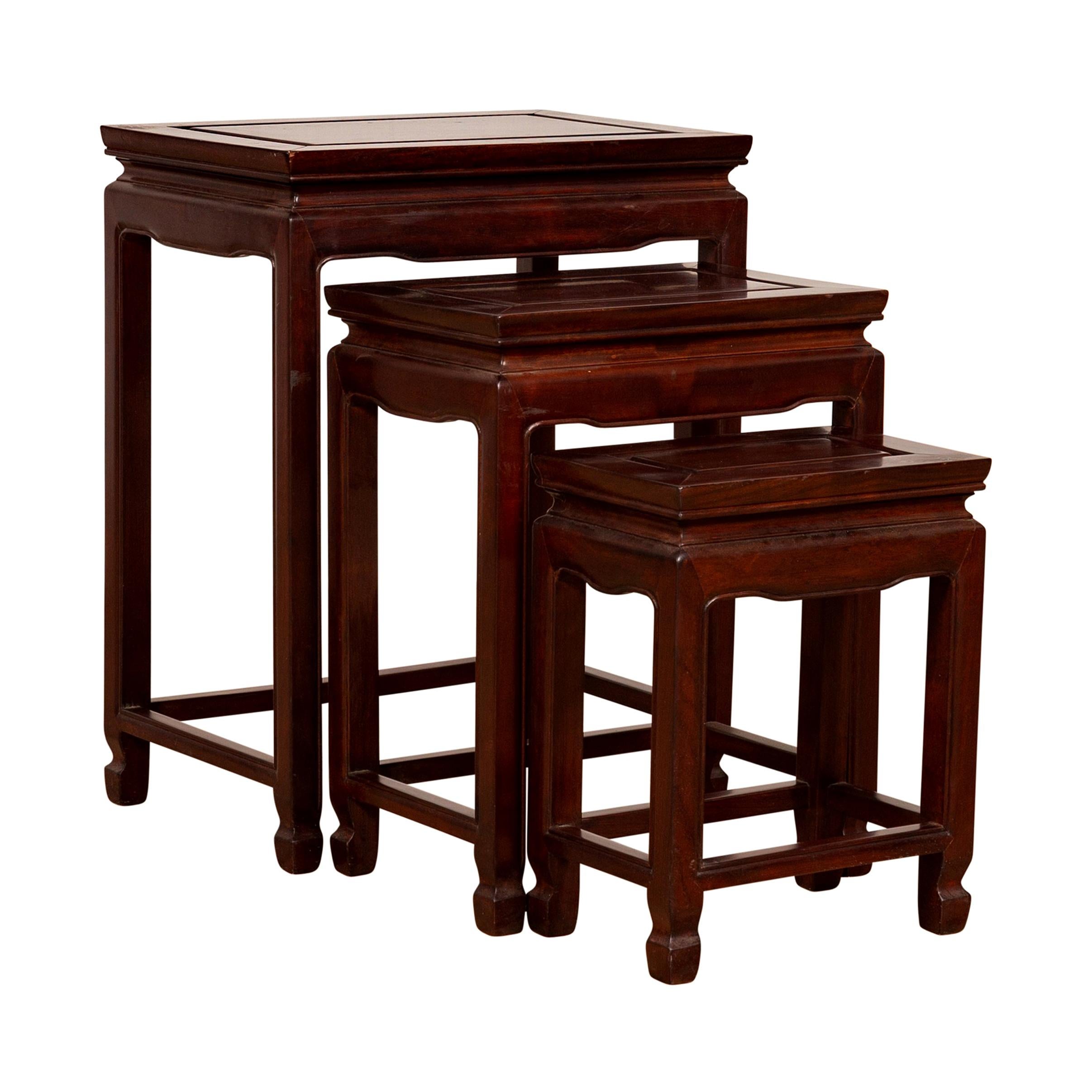 Set of Three Vintage Chinese Rosewood Nesting Tables with Dark Patina