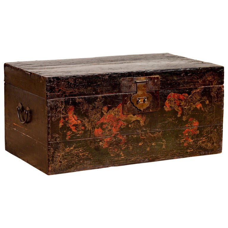 Chinese Antique Black Lacquered Blanket Chest with Hand Painted