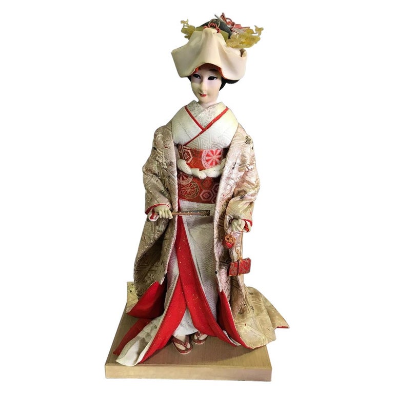 Large Ornate Japanese Geisha Doll on Wood Stand For Sale at 1stdibs