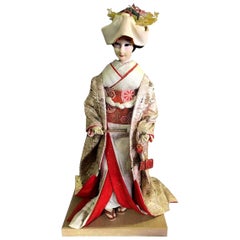 Large Ornate Japanese Geisha Doll on Wood Display Stand