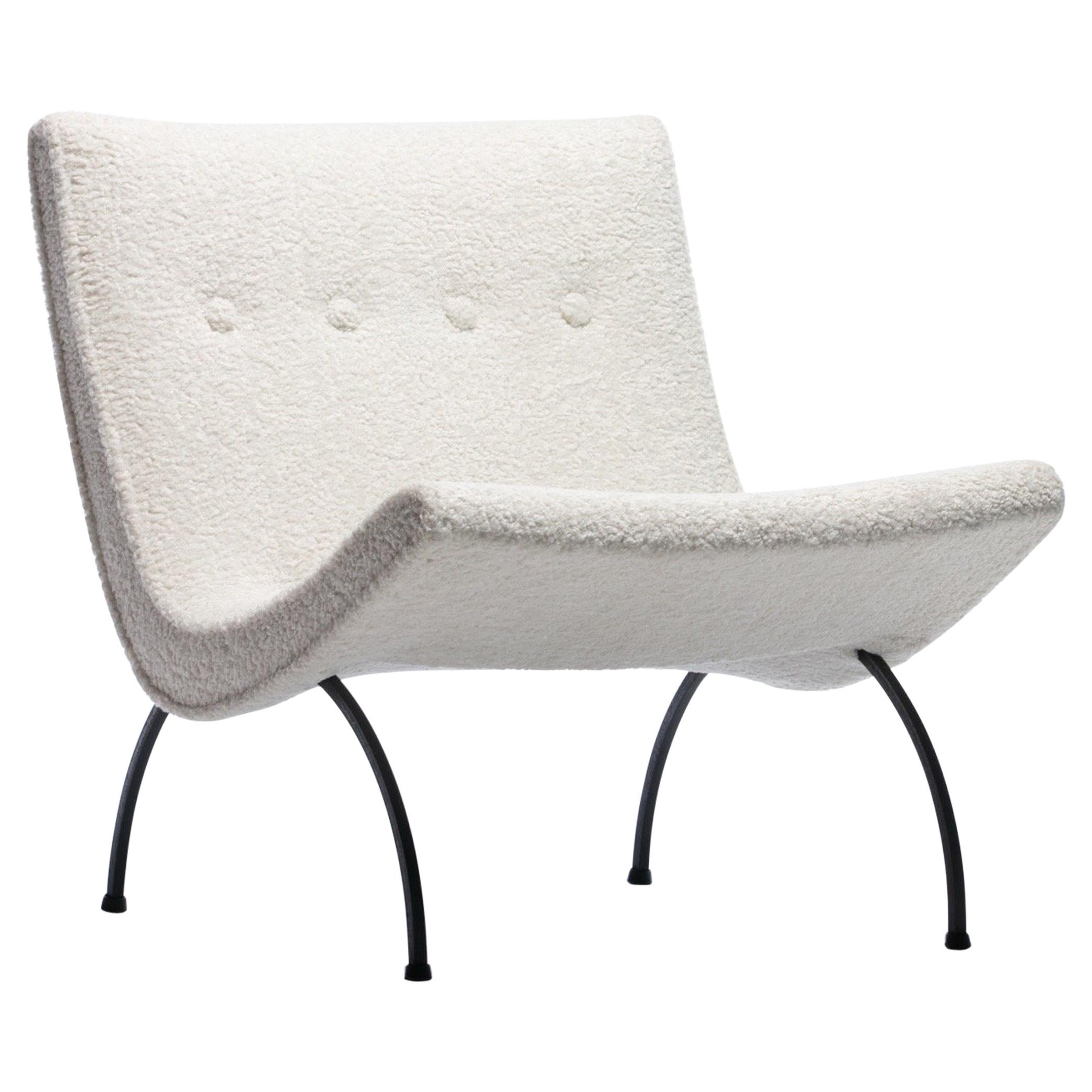 Ivory Shearling Milo Baughman Scoop Chair with Iron Legs, Circa 1950s