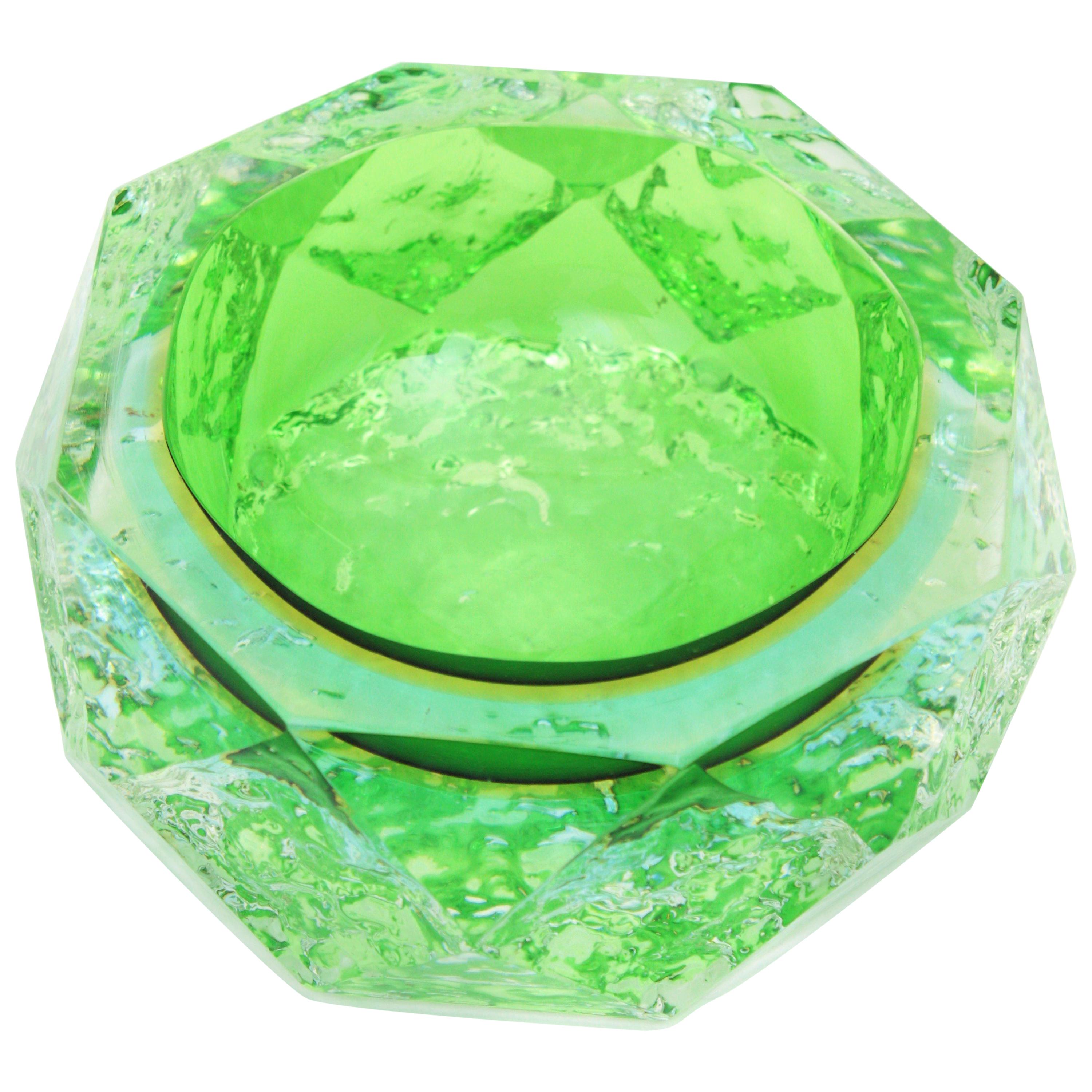 Mandruzzato Murano Ice Glass Faceted Sommerso Green Blue Yellow Art Glass Bowl