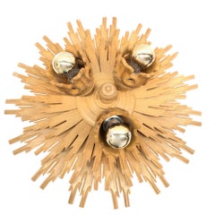 Stunning Wooden Starburst Sunburst Flush Mount Ceiling Light Fixture, 1980s