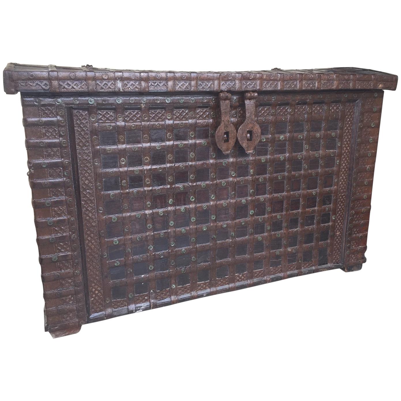 20th Century Indian Large Iron and Wood Trunk