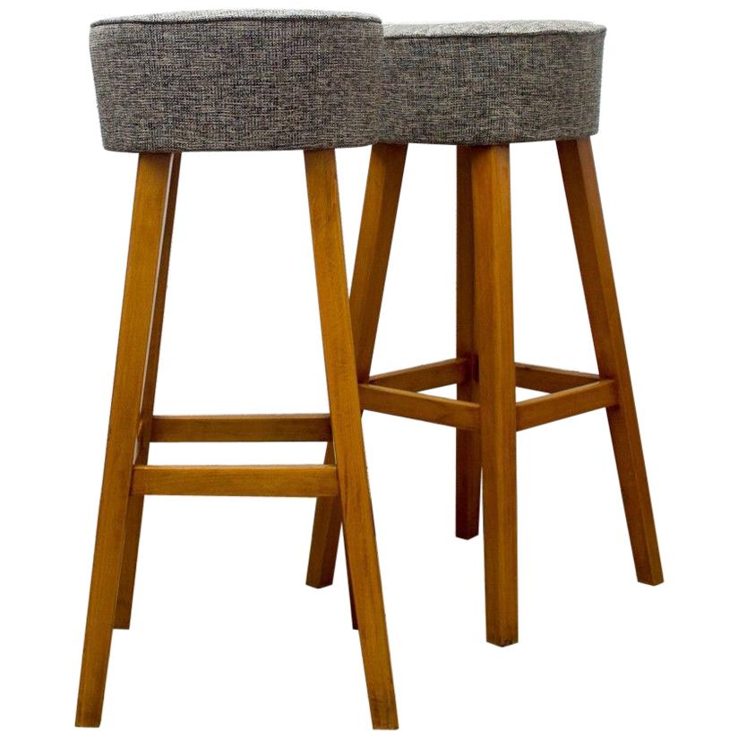 1960s Beechwood Stools with Upholstered Gray Seats For Sale