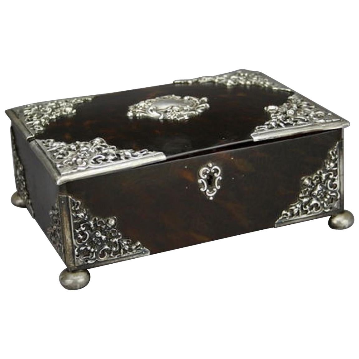 Victorian Tortoiseshell and Silver-Mounted Jewelry Casket For Sale