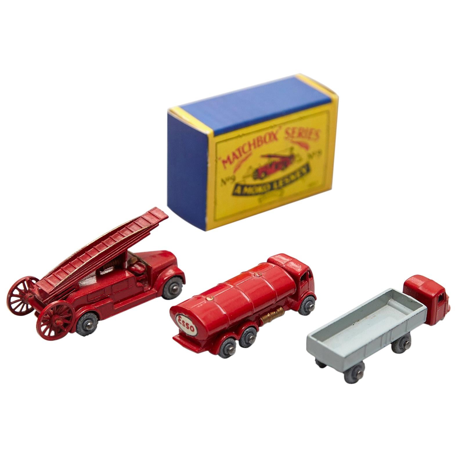 Lesney Matchboxes Series Antique Metal Toy, Three Red Fire Trucks, circa 1950