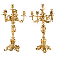 19th Century, Imposing Fire-Gilded Bronze Candle holders in Rococo Style (63 cm)