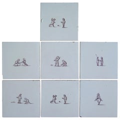 Used Seven Delft Ceramic Manganese Wall Tiles Hand painted Children's Games