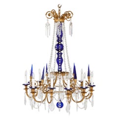 Neoclassical Style Gilt Bronze, Clear and Blue Cut Glass Chandelier
