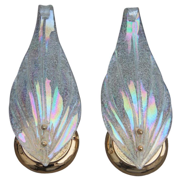 Pair of Sconces Murano Iridescent Glass with Golden Brass Leaf Italian Design For Sale