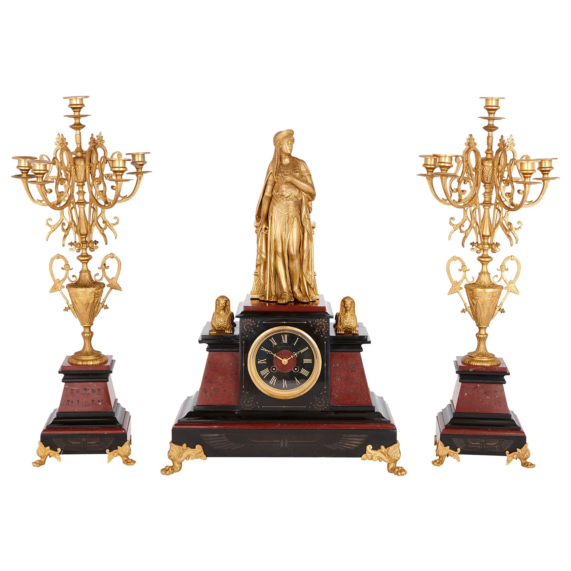 Antique Egyptian Revival Style Marble and Gilt Bronze Clock Set For Sale